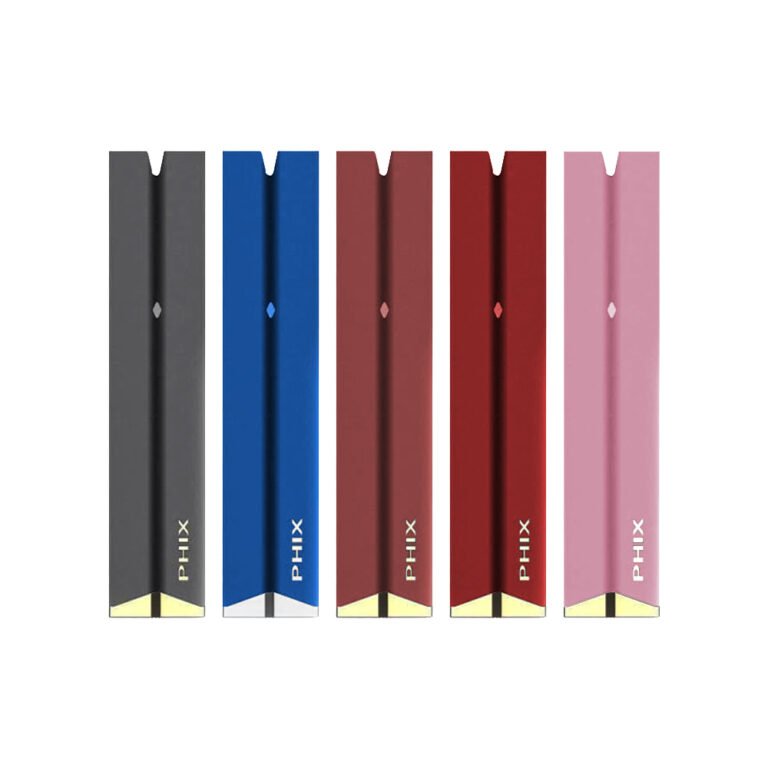 "Phix Pro Kit with larger device, stronger battery, and USB charger, featuring a closed system and dual-color design."