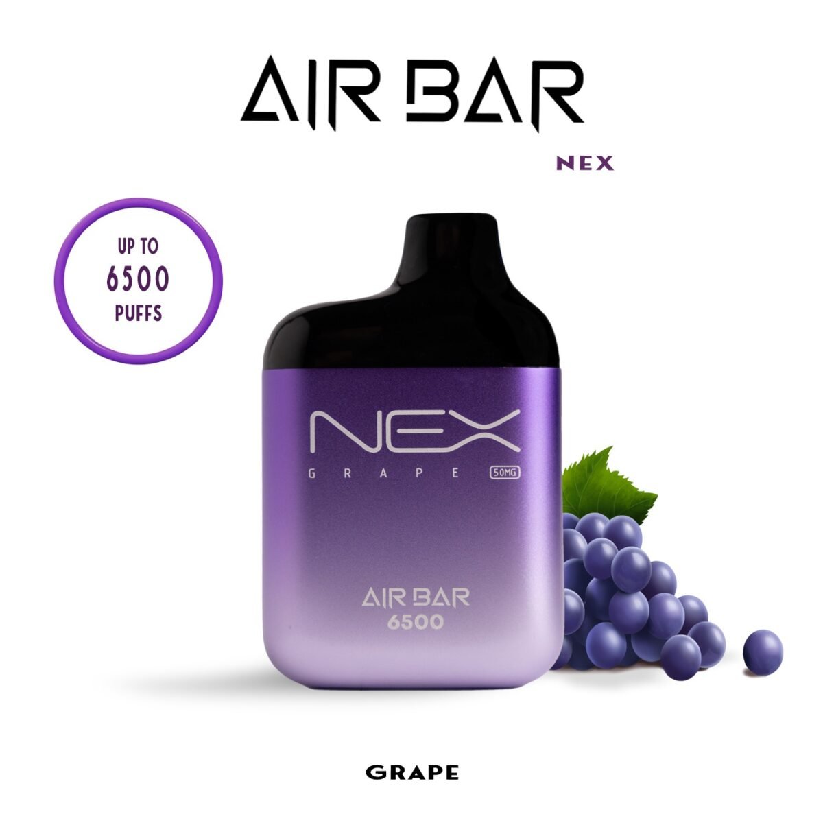 AIRBAR NEX disposable vape with 6500 puffs, 10ml e-liquid, 20mg and 50mg nicotine options, mesh coil, 650mAh USB-C rechargeable battery.