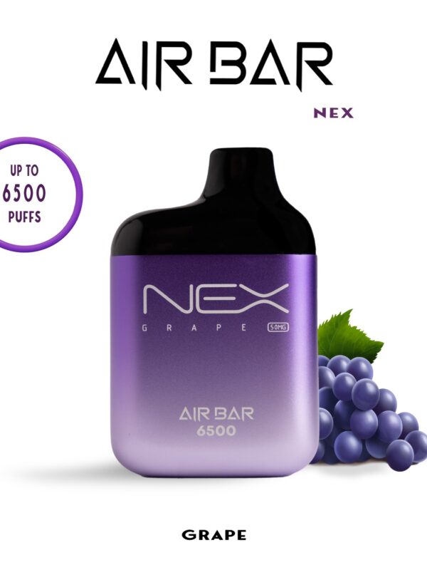 AIRBAR NEX disposable vape with 6500 puffs, 10ml e-liquid, 20mg and 50mg nicotine options, mesh coil, 650mAh USB-C rechargeable battery.
