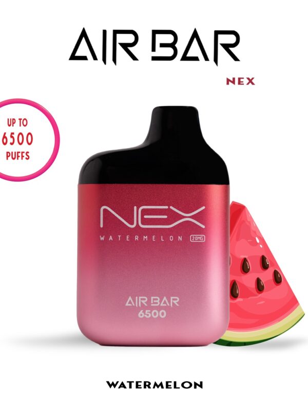 AIRBAR NEX disposable vape with 6500 puffs, 10ml e-liquid, 20mg and 50mg nicotine options, mesh coil, 650mAh USB-C rechargeable battery.