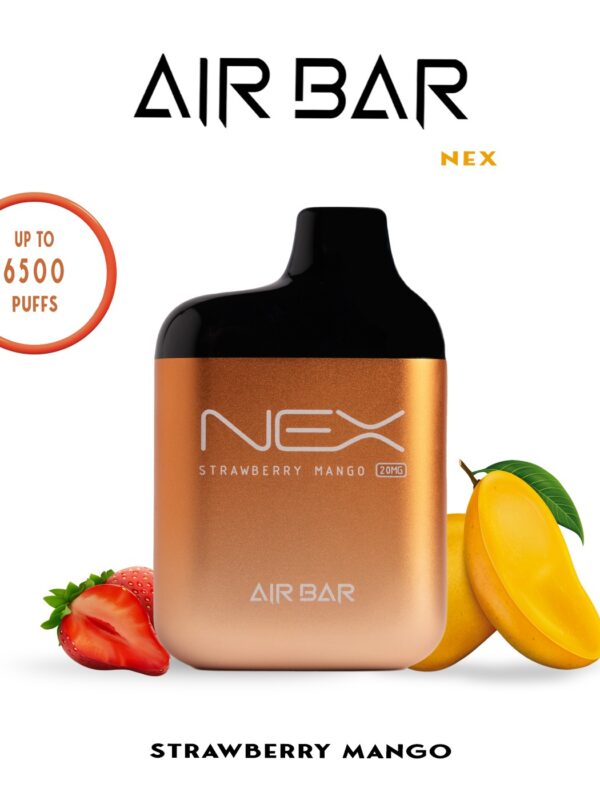 AIRBAR NEX disposable vape with 6500 puffs, 10ml e-liquid, 20mg and 50mg nicotine options, mesh coil, 650mAh USB-C rechargeable battery.