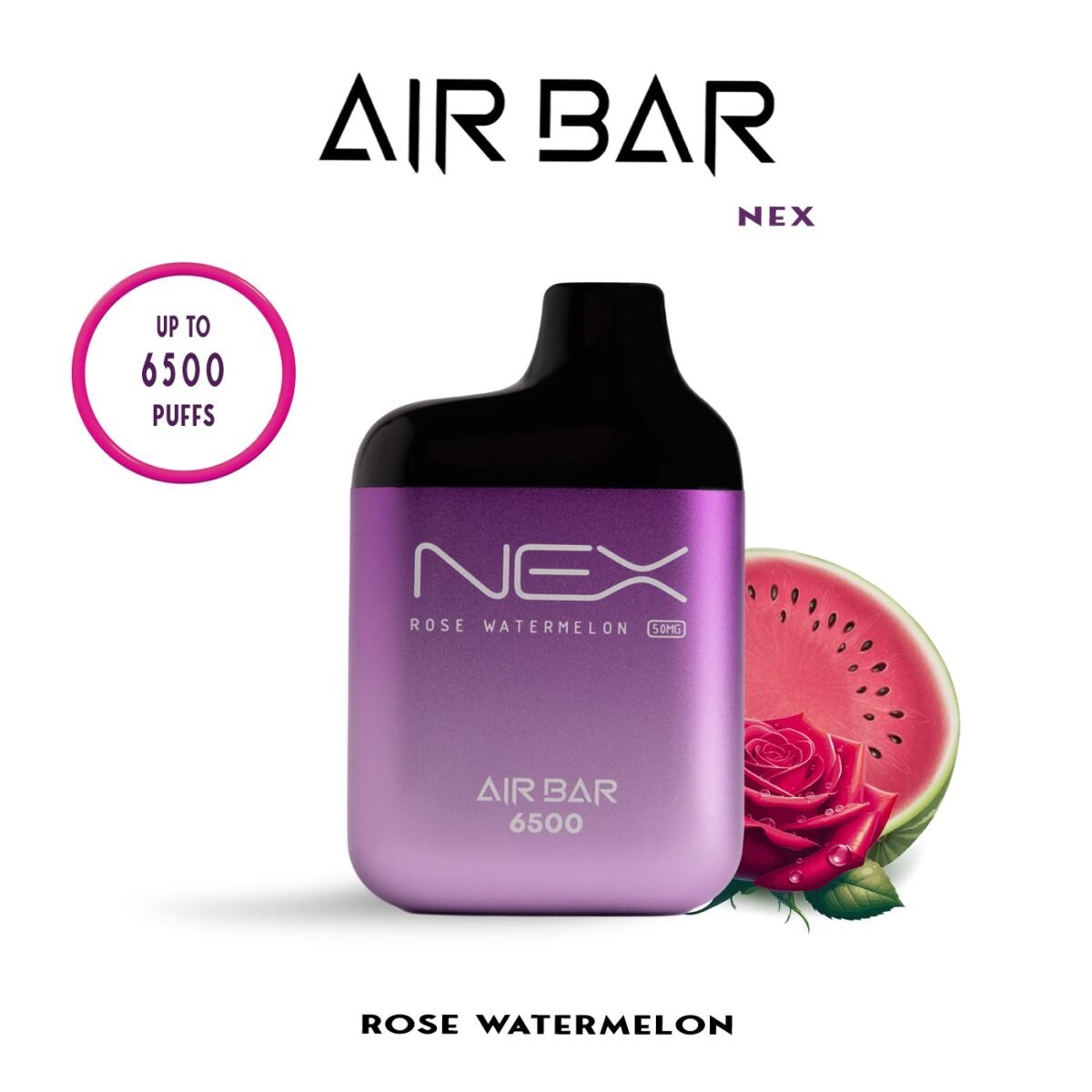 AIRBAR NEX disposable vape with 6500 puffs, 10ml e-liquid, 20mg and 50mg nicotine options, mesh coil, 650mAh USB-C rechargeable battery.