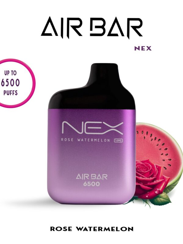 AIRBAR NEX disposable vape with 6500 puffs, 10ml e-liquid, 20mg and 50mg nicotine options, mesh coil, 650mAh USB-C rechargeable battery.