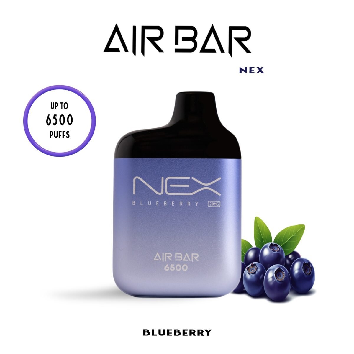 AIRBAR NEX disposable vape with 6500 puffs, 10ml e-liquid, 20mg and 50mg nicotine options, mesh coil, 650mAh USB-C rechargeable battery.