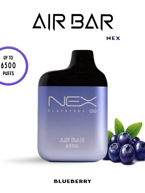 AIRBAR NEX disposable vape with 6500 puffs, 10ml e-liquid, 20mg and 50mg nicotine options, mesh coil, 650mAh USB-C rechargeable battery.