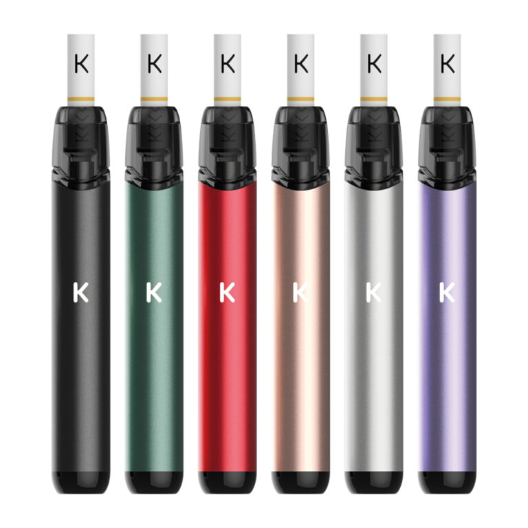 KIWI™ Pen with pharmaceutical grade cotton tip and polycarbonate drip tip, showing compact vape device with USB-C charging.
