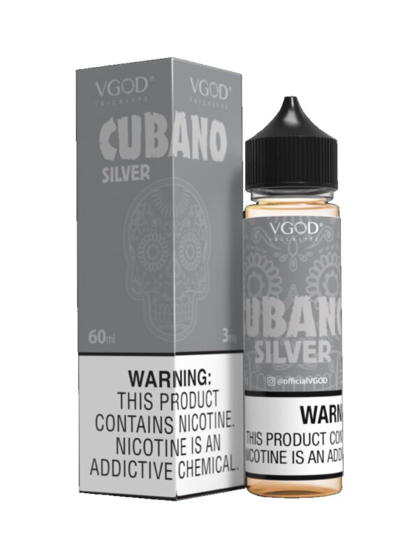 VGOD E‑Liquid – Cubano Silver in a 60ml Chubby Unicorn Bottle with 70/30 VG/PG blend, available in 0mg, 3mg, and 6mg nicotine strengths.
