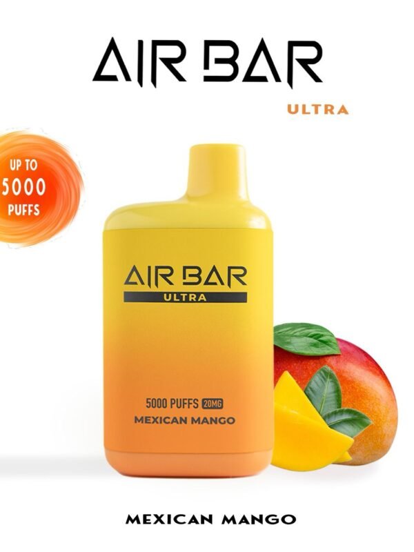 "Air Bar Ultra closed pod vape system with 5000 puffs and 20–45mg nicotine concentration in health-warning packaging"