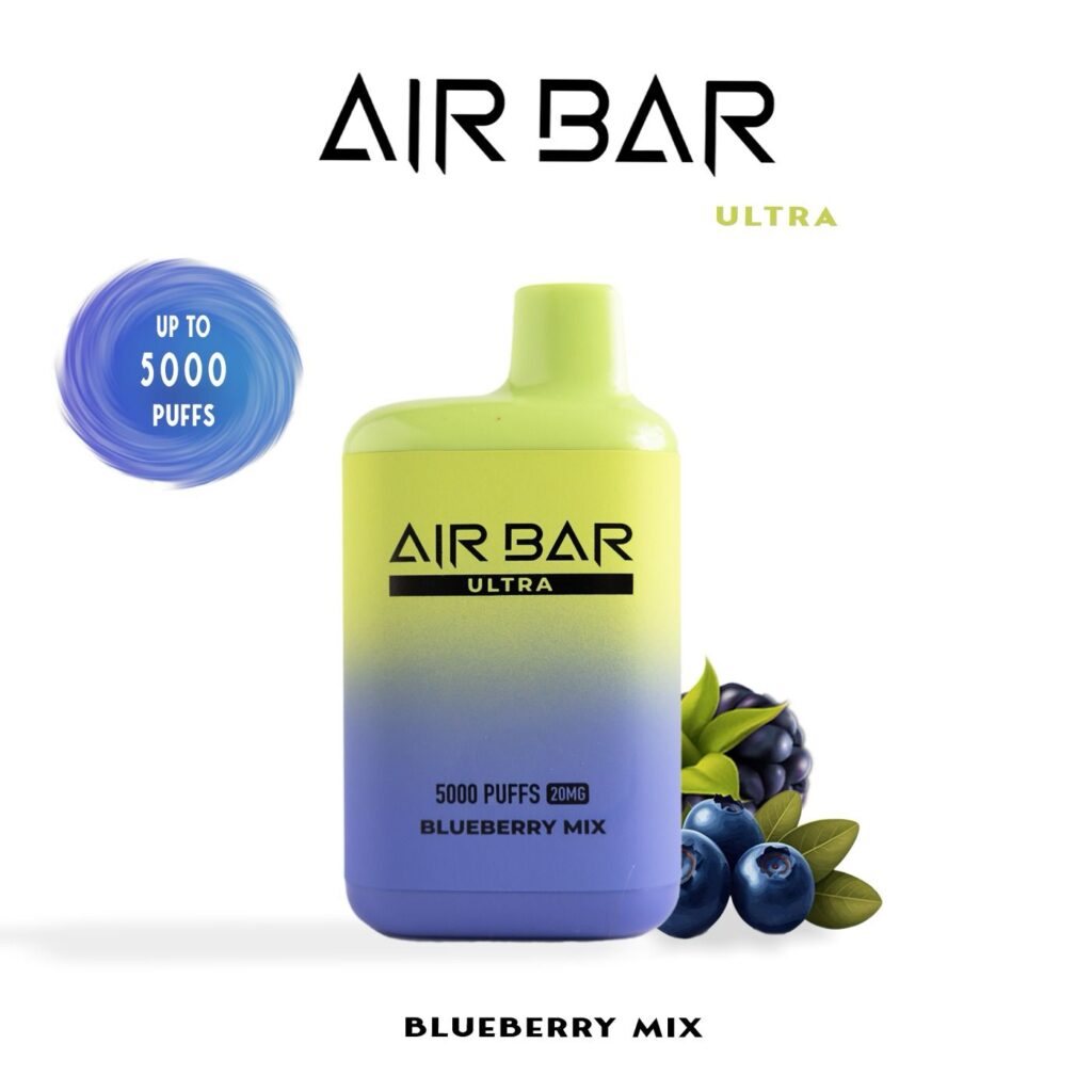 "Air Bar Ultra closed pod vape system with 5000 puffs and 20–45mg nicotine concentration in health-warning packaging"