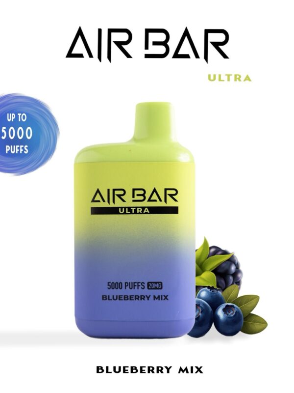 "Air Bar Ultra closed pod vape system with 5000 puffs and 20–45mg nicotine concentration in health-warning packaging"