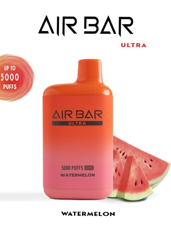 "Air Bar Ultra closed pod vape system with 5000 puffs and 20–45mg nicotine concentration in health-warning packaging"