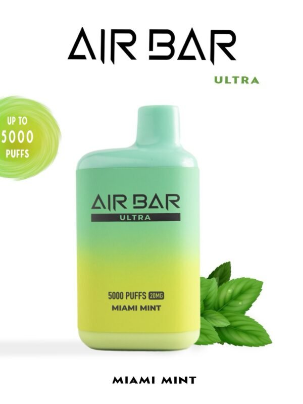"Air Bar Ultra closed pod vape system with 5000 puffs and 20–45mg nicotine concentration in health-warning packaging"