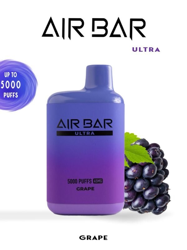 "Air Bar Ultra closed pod vape system with 5000 puffs and 20–45mg nicotine concentration in health-warning packaging"