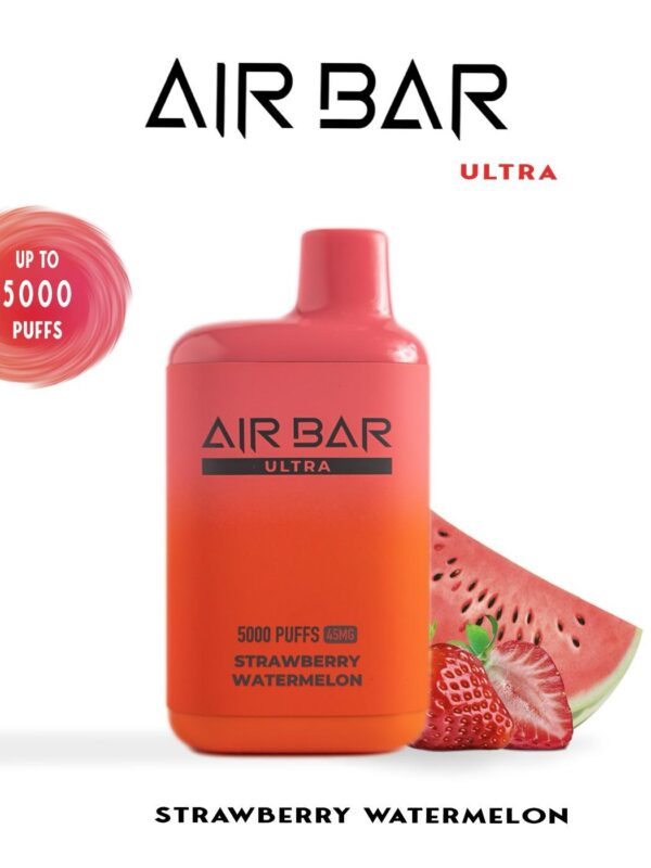 "Air Bar Ultra closed pod vape system with 5000 puffs and 20–45mg nicotine concentration in health-warning packaging"