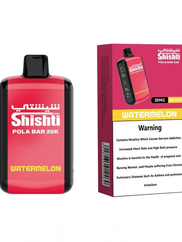 -Pola Bar 20K WATERMELON  20MG with 20,000 puffs, dual mesh coils, rechargeable 850mAh battery, and dual screens.