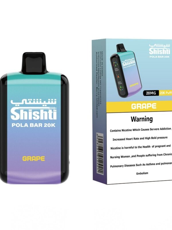 -Pola Bar 20K GRAPE 20MG with 20,000 puffs, dual mesh coils, rechargeable 850mAh battery, and dual screens.