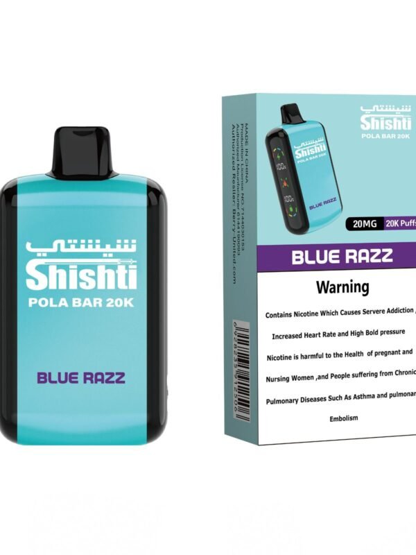 -Pola Bar 20K BLUE RUZZ 20MG with 20,000 puffs, dual mesh coils, rechargeable 850mAh battery, and dual screens.