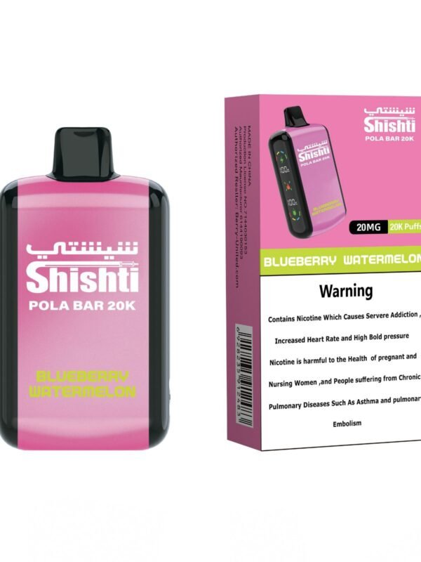 -Pola Bar 20K BLUEBERRY WATERMELON 20MG with 20,000 puffs, dual mesh coils, rechargeable 850mAh battery, and dual screens.