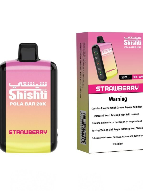 -Pola Bar 20K STRAWBERRY 20MG with 20,000 puffs, dual mesh coils, rechargeable 850mAh battery, and dual screens.