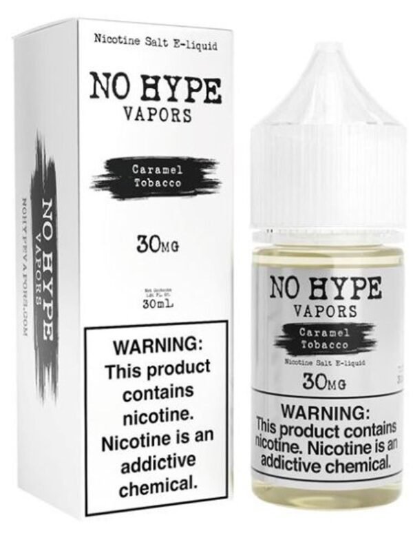No Hype CARAMEL TOBACCO 30ml premium salt nicotine e-liquid bottle, available in 30mg and 50mg strength, with 50/50 VG/PG ratio.