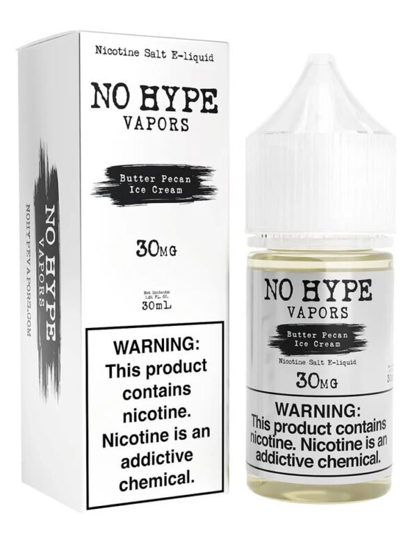 No Hype BUTTER PECAN ICE CREAM 30ml premium salt nicotine e-liquid bottle, available in 30mg and 50mg strength, with 50/50 VG/PG ratio.