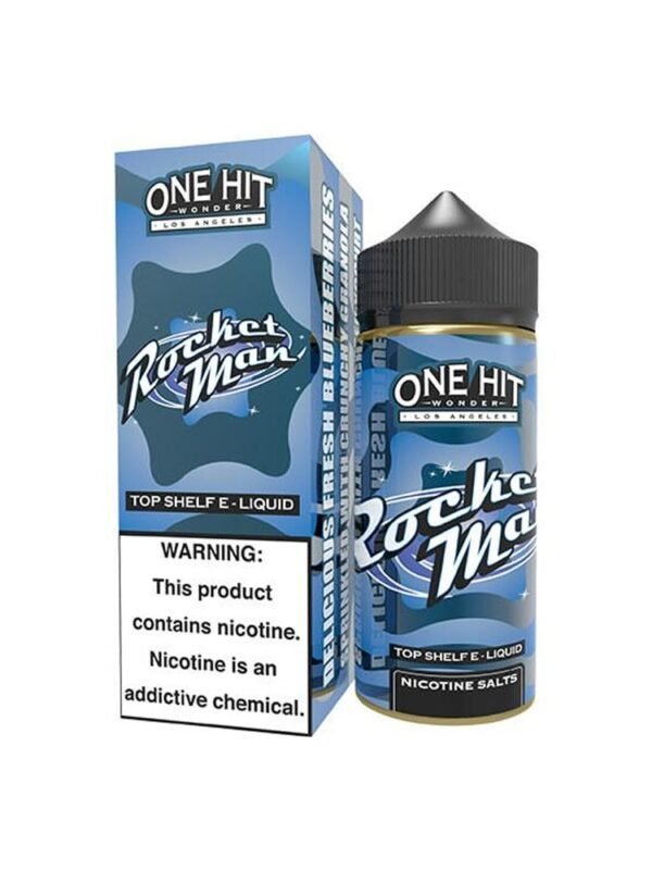 ONE HIT WONDER™ Rocket Man 100ML vape juice bottle with blueberry, yogurt, and cream flavor – includes transport tubes and childproof packaging.