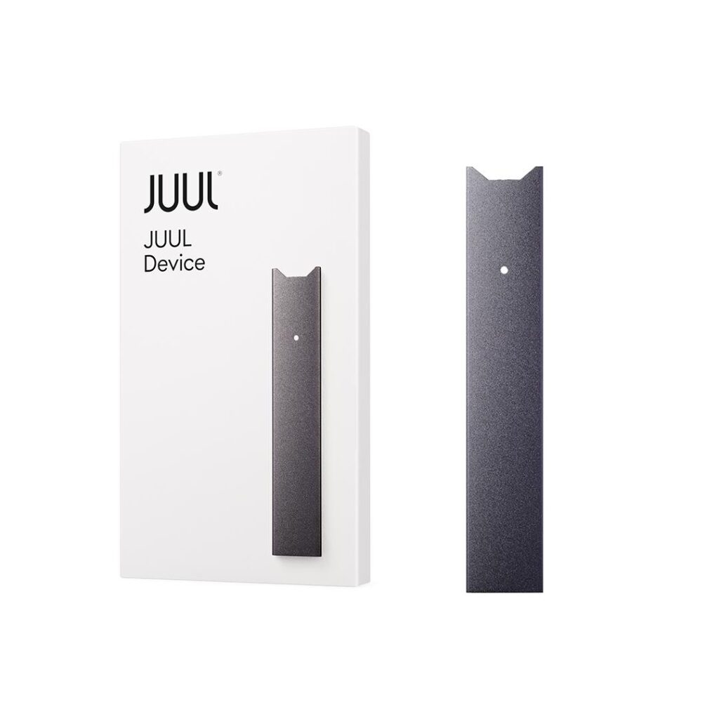 "JUUL Basic Kit with rechargeable vape device and USB charger – pods not included."