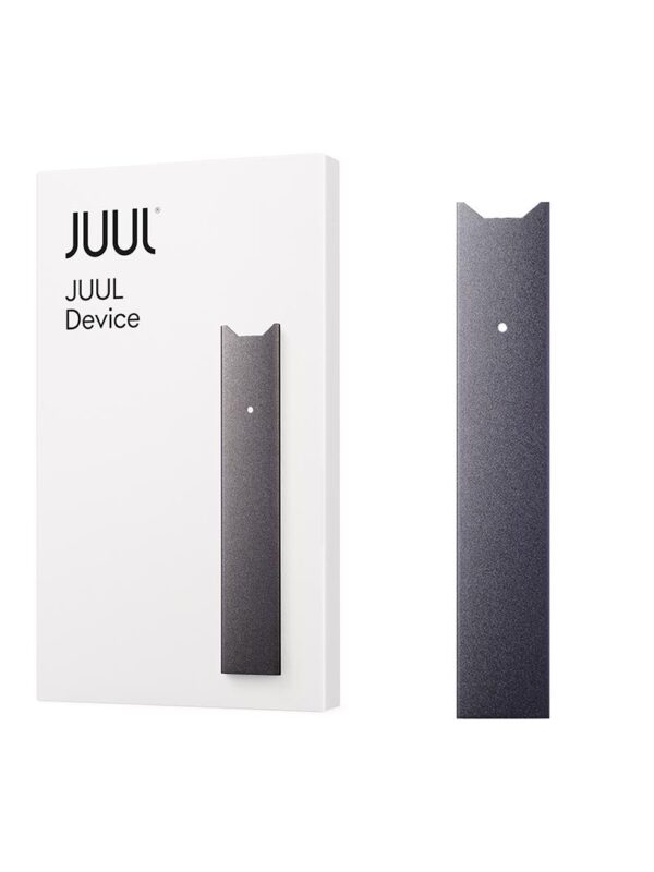 "JUUL Basic Kit with rechargeable vape device and USB charger – pods not included."