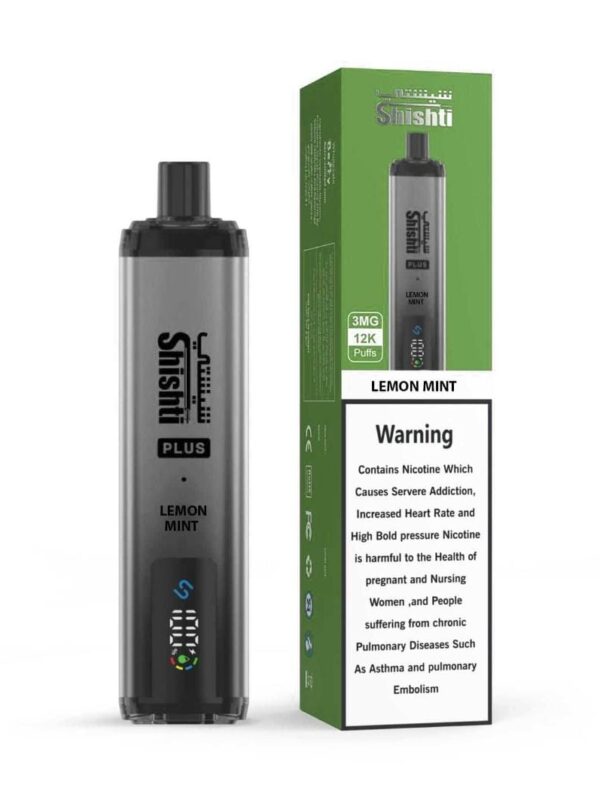 Shishti Plus 3MG disposable vape with 12,000 puffs, airflow control, and 600mAh rechargeable battery.