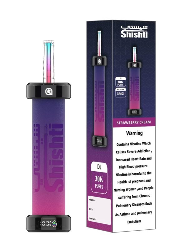Shishti 30K disposable vape with 30,000 puffs, 3MG nicotine, 40ml e-liquid, mesh coil, and Type-C rechargeable battery.