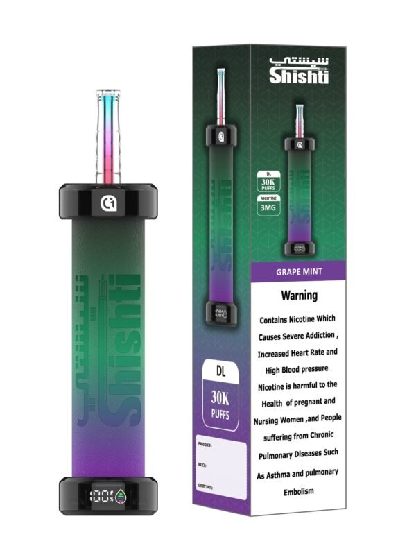 Shishti 30K disposable vape with 30,000 puffs, 3MG nicotine, 40ml e-liquid, mesh coil, and Type-C rechargeable battery.