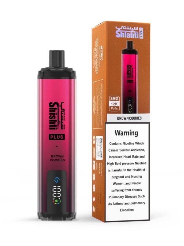 Shishti Plus 12K Brown Cookies with 3MG nicotine, airflow control, 600mAh battery, and 0.6-ohm coil.