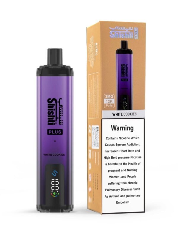 Shishti Plus 12K White Cookies with 3MG nicotine, 600mAh battery, airflow control, and MTL to DTL support.