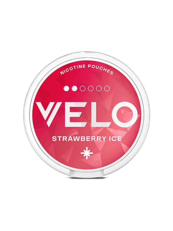 VELO Strawberry Ice Mini nicotine pouches, 6mg strength, pack of 15 with strawberry and mint flavor.