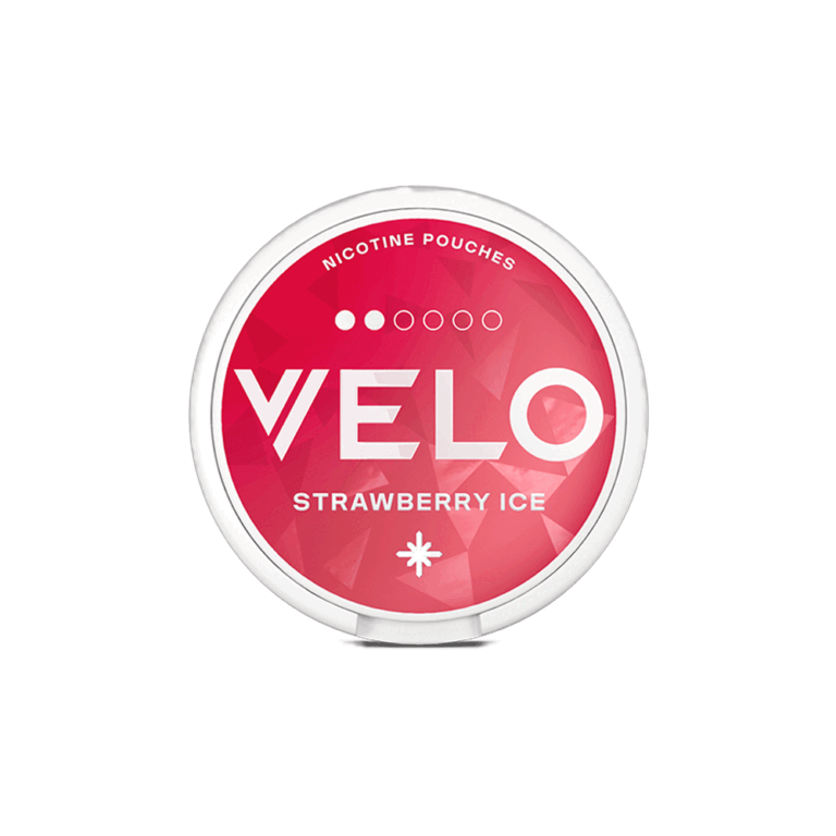 VELO Strawberry Ice Mini nicotine pouches, 6mg strength, pack of 15 with strawberry and mint flavor.