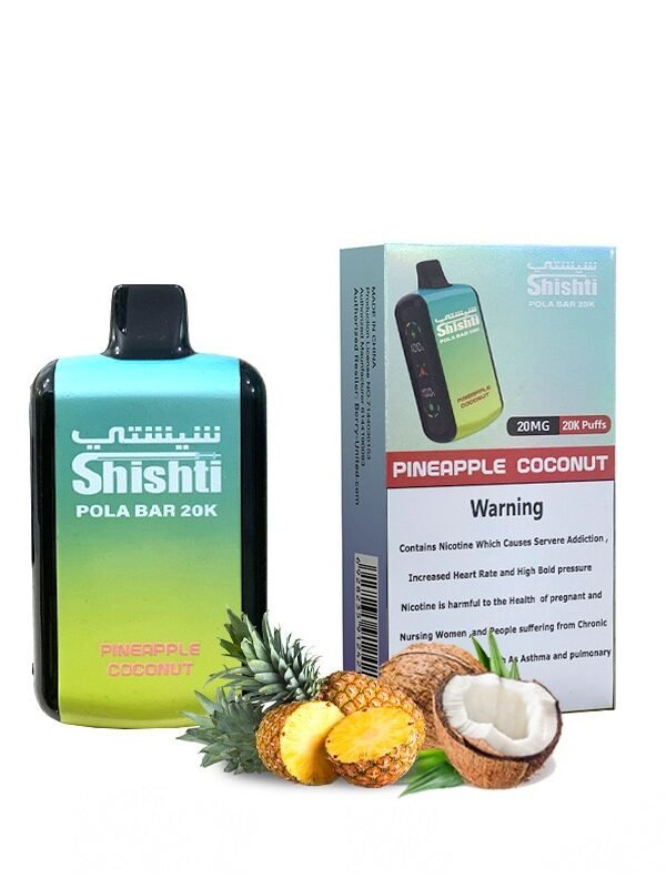 Pola Bar 20K Pineapple Coconut 20MG with 20,000 puffs, dual mesh coils, rechargeable 850mAh battery, and dual screens.