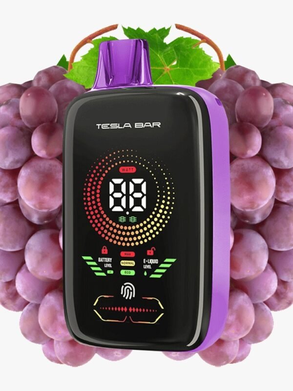 شيشة إلكترونية Tesla Bar 25000 سحبة بنكهة عنب مثلج، 20 مل سائل إلكتروني، تصميم أنيق مع أداء قوي.
