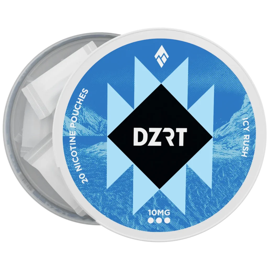 DZRT mini dry nicotine pouches in a discreet can, 10mg strength, 20 pouches per pack.