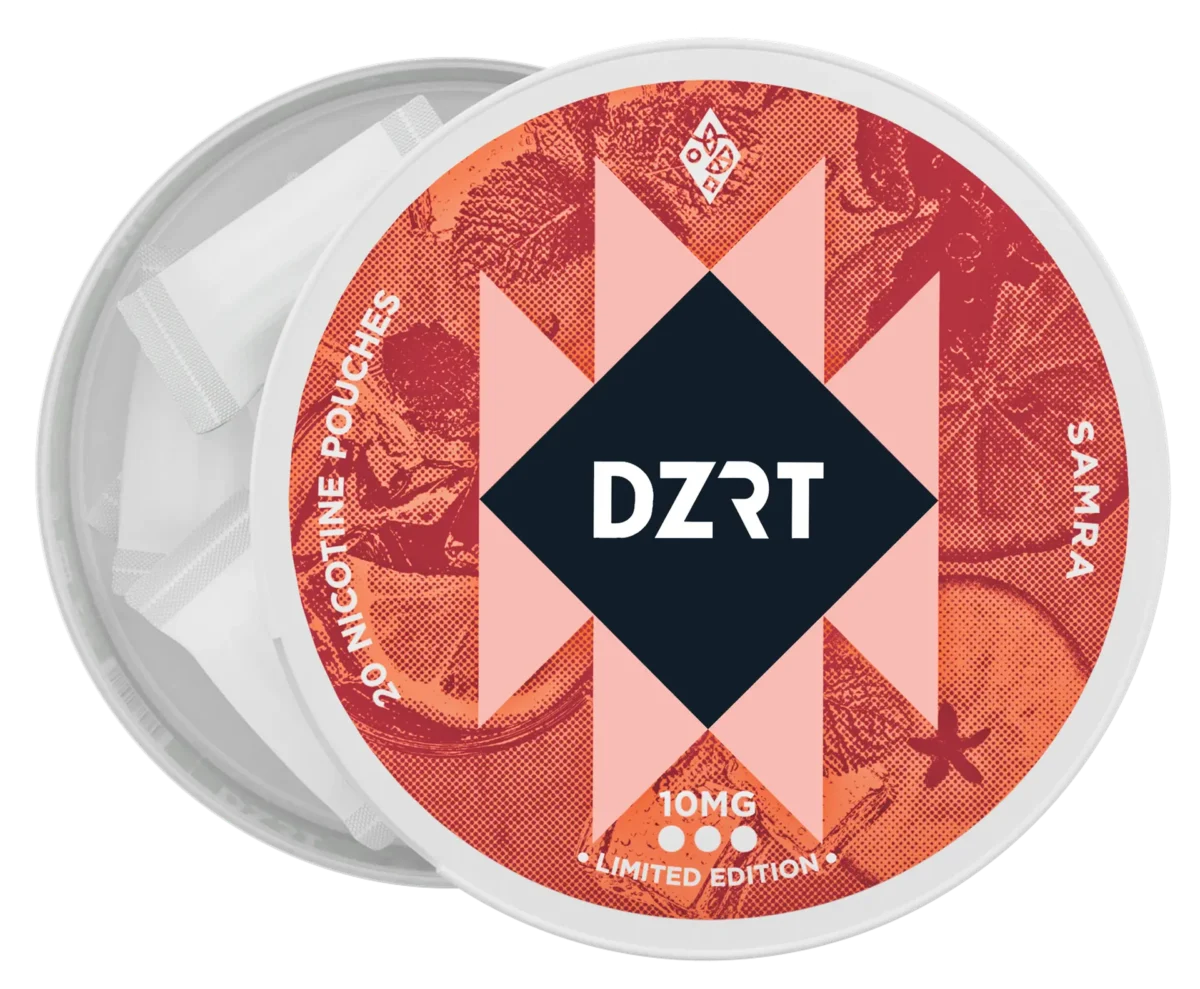DZRT Mini Nicotine Pouches – 10mg | Discreet & Tobacco-Freesamra DZRT mini dry nicotine pouches in a discreet can, 10mg strength, 20 pouches per pack.