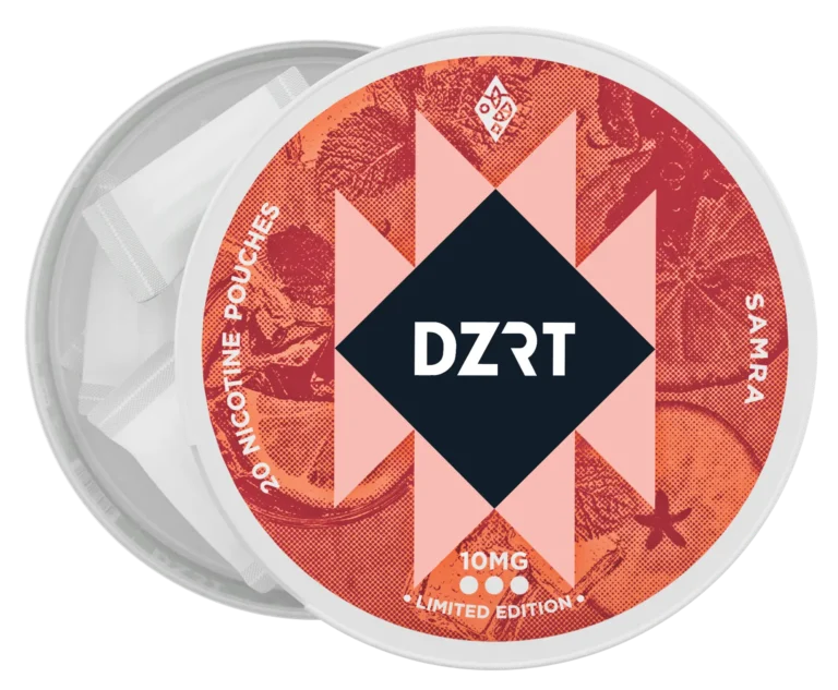 DZRT mini dry nicotine pouches in a discreet can, 10mg strength, 20 pouches per pack.