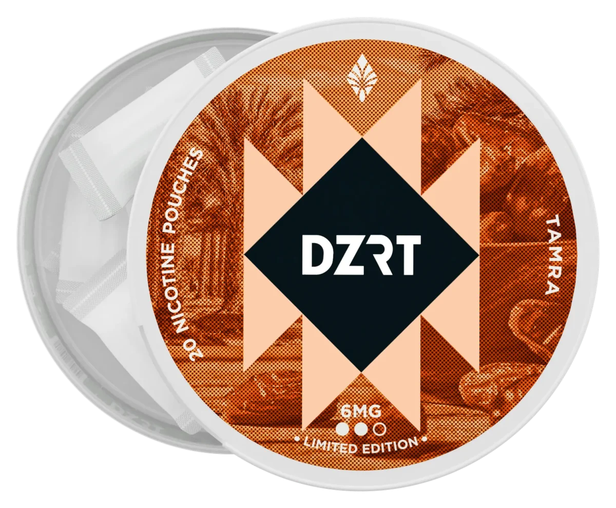 DZRT Mini Nicotine Pouches – 10mg | Discreet & Tobacco-Freetamra DZRT mini dry nicotine pouches in a discreet can, 10mg strength, 20 pouches per pack.