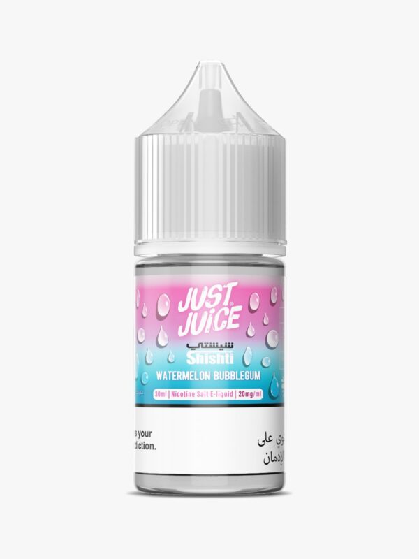Bottle of Just Juice Watermelon Bubblegum 30ml e-liquid with 20mg nicotine strength, designed for high-watt vape devices.
