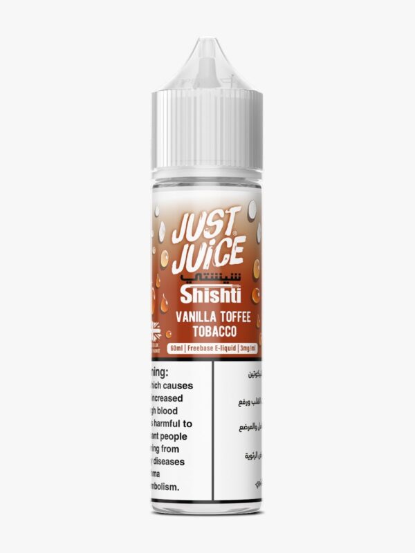 Bottle of Just Juice Vanilla Toffee Tobacco 60ml e-liquid with 3mg nicotine strength, combining premium tobacco, vanilla, and toffee flavors.