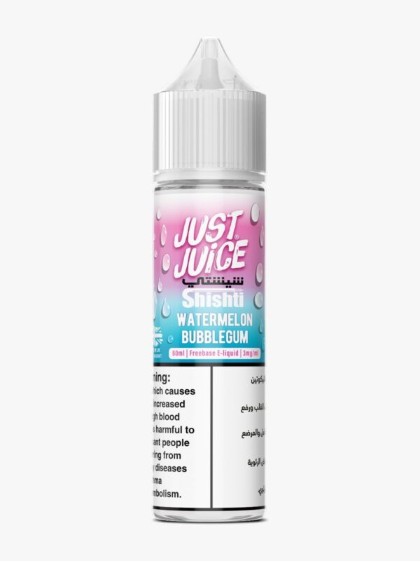 Bottle of Just Juice Watermelon Bubblegum 60ml e-liquid with 3mg nicotine strength, designed for high-watt vape devices.