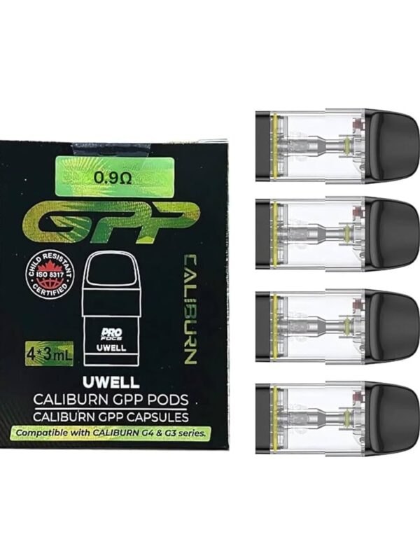 Uwell Caliburn GPP 0.4Ω replacement cartridges, pack of 3 pods with 3ml capacity and side filling.