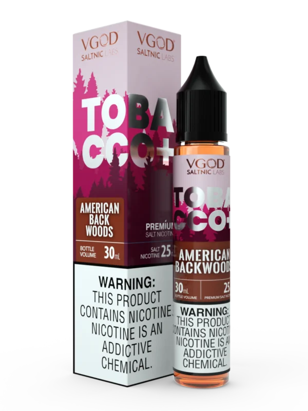 VGOD Tobacco Plus American Backwoods SaltNic 30ml bottle, available in 20mg, 25mg, and 50mg nicotine strengths.