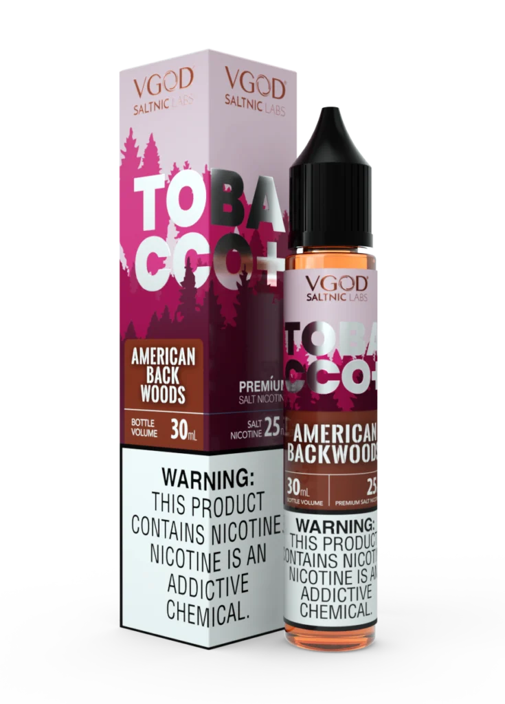 VGOD Tobacco Plus American Backwoods SaltNic 30ml bottle, available in 20mg, 25mg, and 50mg nicotine strengths.