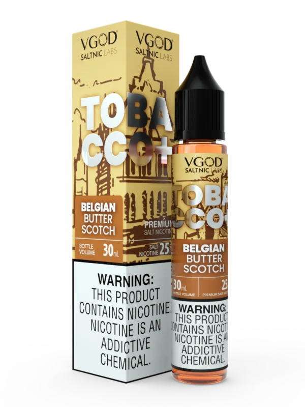 VGOD Tobacco Plus Belgian Butterscotch SaltNic 30ml bottle, available in 20mg, 25mg, and 50mg nicotine strengths.