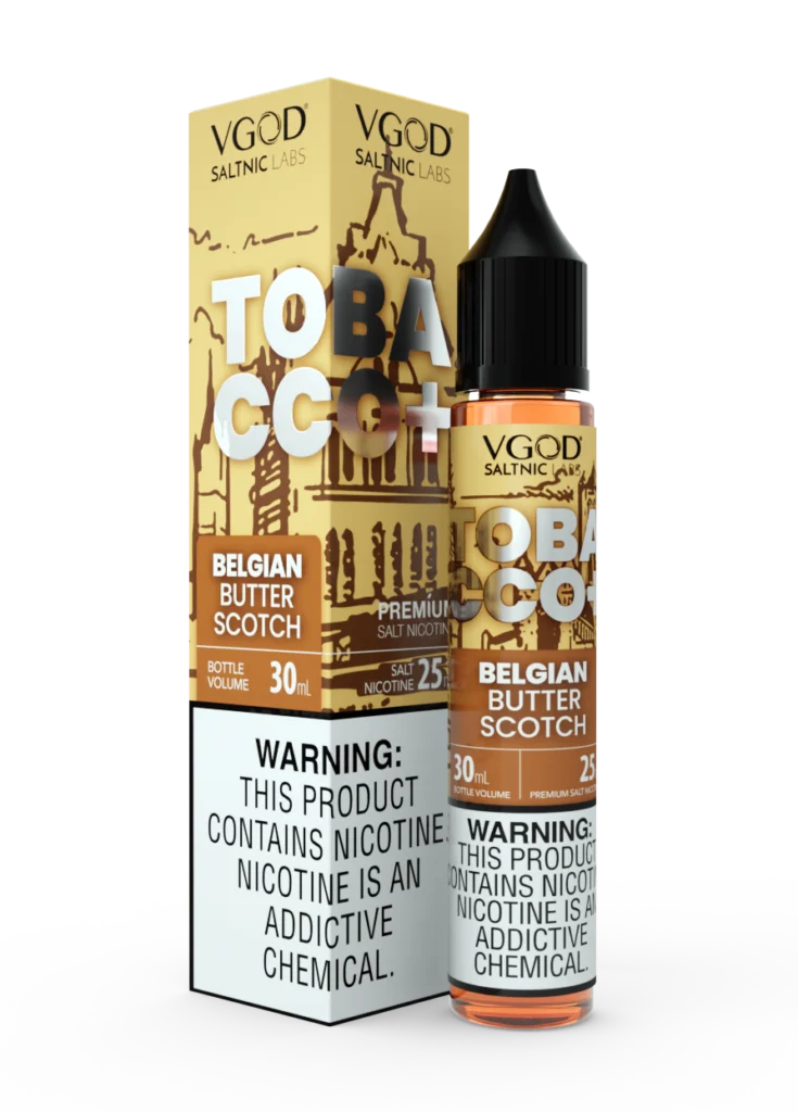VGOD Tobacco Plus Belgian Butterscotch SaltNic 30ml bottle, available in 20mg, 25mg, and 50mg nicotine strengths.