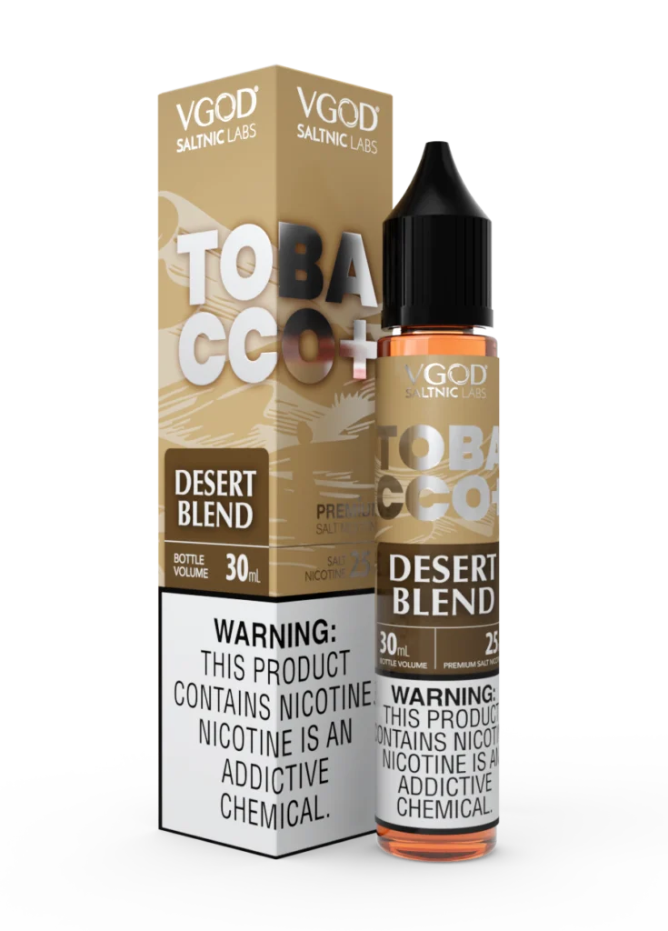 VGOD Tobacco Plus Desert Blend SaltNic 30ml bottle, available in 20mg, 25mg, and 50mg nicotine strengths.